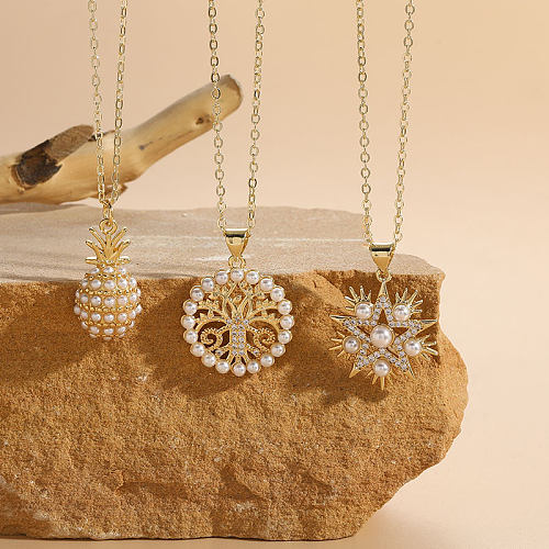 Élégant doux étoile arbre ananas cuivre placage incrustation perle Zircon 14K plaqué or pendentif collier Long collier