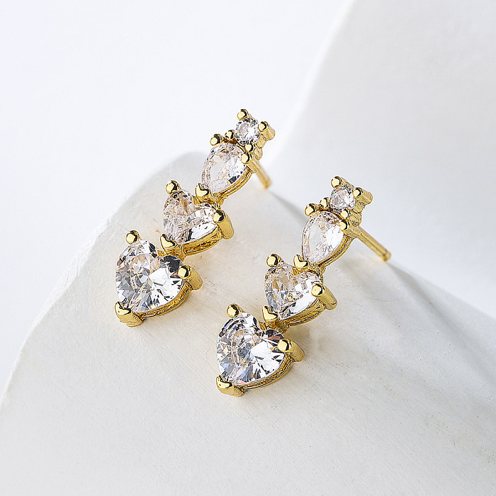 Fashion Water Droplets Heart Shape Copper Gold Plated Zircon Drop Earrings 1 Pair