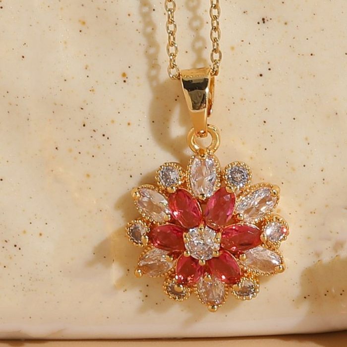Elegant Luxurious Flower Copper Inlay Zircon 14K Gold Plated Pendant Necklace