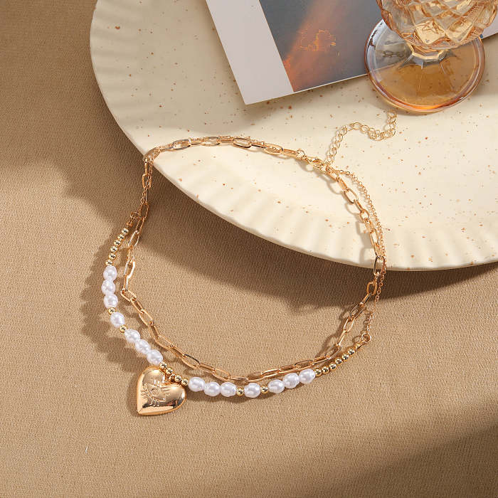 Retro Heart Shape Artificial Pearl Resin Copper Plating Inlay Zircon 14K Gold Plated Layered Necklaces