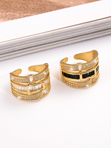 Estilo vintage estilo legal em forma de C chapeamento de cobre incrustado zircão anéis abertos banhados a ouro 18K