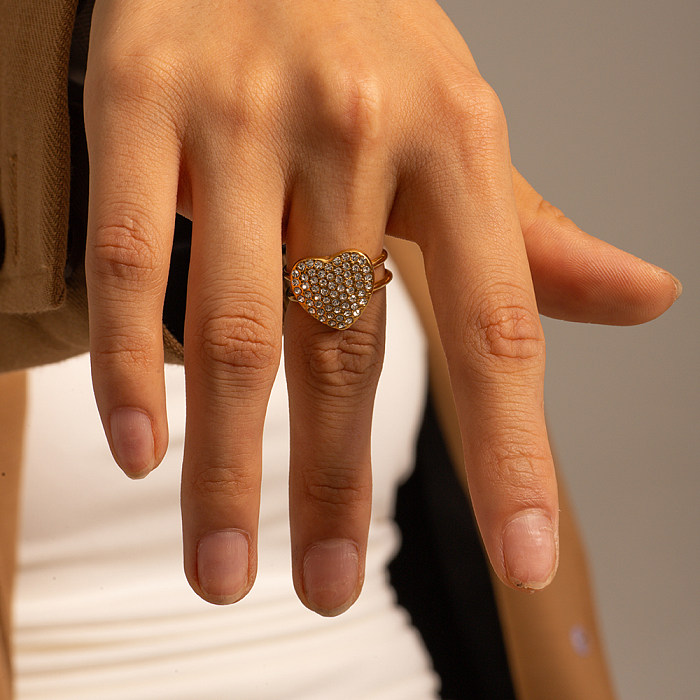 Offene Ringe im IG-Stil, glänzend, herzförmig, Edelstahl-Beschichtung, Einlage, Strasssteine, 18 Karat vergoldet