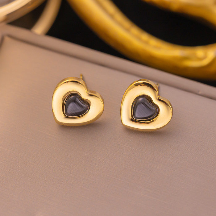 Elegant Heart Shape Titanium Steel Plating Inlay Obsidian 18K Gold Plated Earrings Necklace