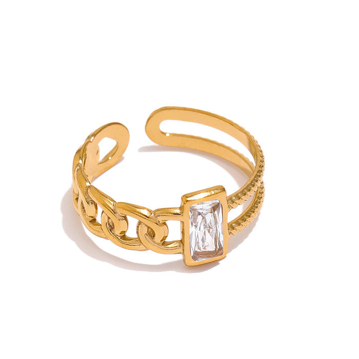 Fashion Rectangle Twist Stainless Steel Gold Plated Zircon Open Ring 1 Piece
