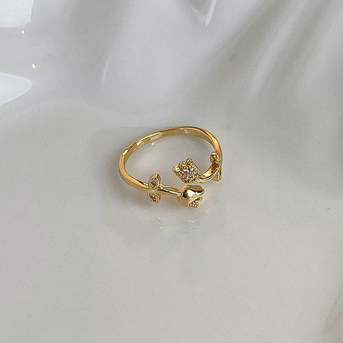 1 peça de anel aberto de zircão com chapeamento de cobre com flor doce