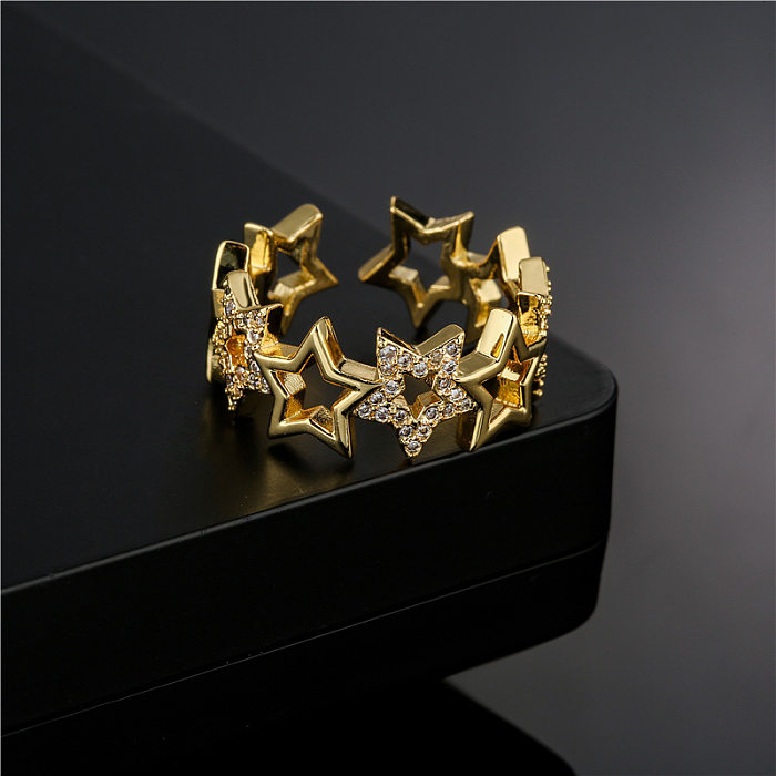 Anel de abertura microincrustado de cobre estrela de cinco pontas oco da moda