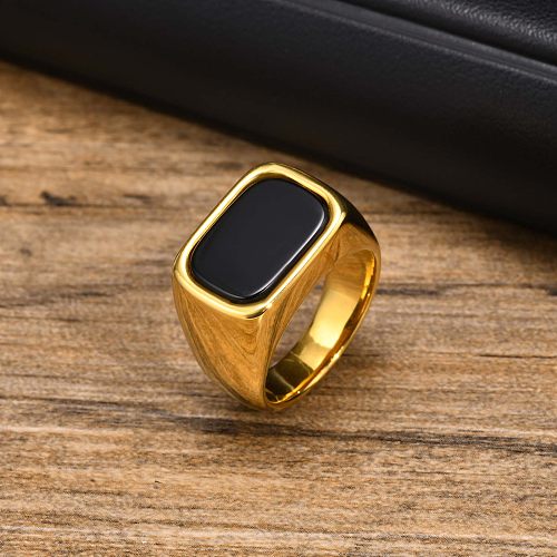 Retro Square Stainless Steel Plating Inlay Agate 18K Gold Plated Rings