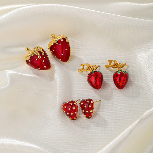 1 Pair Cute Sweet Letter Strawberry Enamel Plating Resin Copper 18K Gold Plated Ear Studs