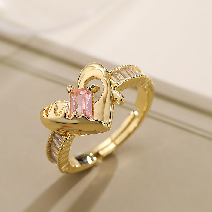 Estilo simples comute anéis abertos banhados a ouro de zircônia 18K em formato de coração