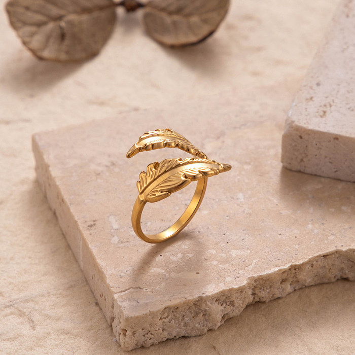 INS Style Simple Style Leaf Solid Color Stainless Steel Plating Hollow Out 18K Gold Plated Open Ring
