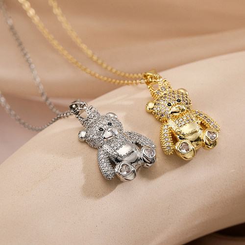 Einfache Halskette mit Anhänger „Commute Bear“ mit Kupferbeschichtung und Inlay aus Zirkon mit 18-Karat-Vergoldung