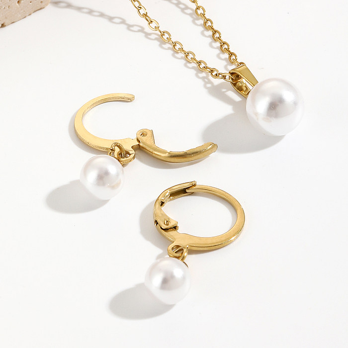 Boucles d'oreilles rondes brillantes en acier inoxydable, Style Simple, placage de perles d'imitation, collier plaqué or 14 carats