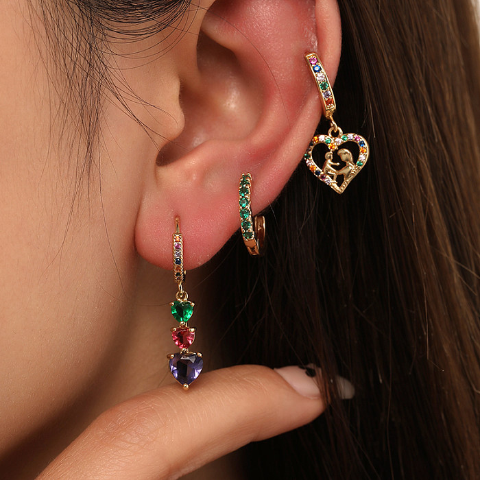 Ensemble de 3 pièces de boucles d'oreilles pendantes en cuivre et Zircon, Style coréen, incrustation en forme de cœur