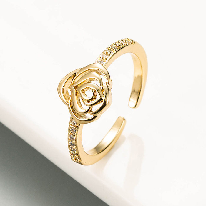 Geometric Rose Flower Shape 18k Gold Plated Copper Micro Inlaid Hazel Ring Opening Adjustable Europe And America