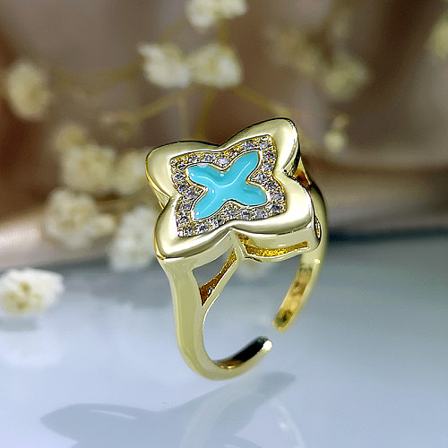 Casual Commute Four Leaf Clover Copper Enamel Plating Inlay Zircon Gold Plated Open Ring
