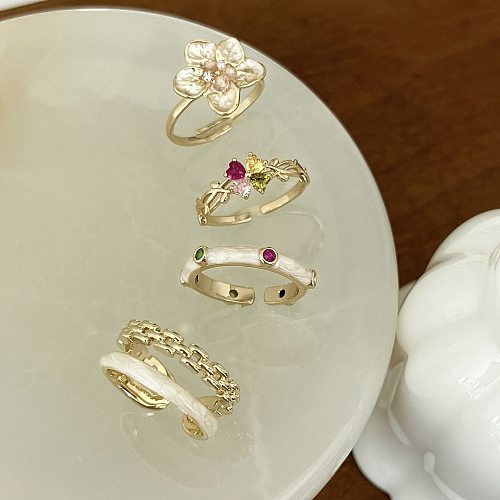 Modischer offener Ring in Herzform, Blume, Kupfereinlage, Zirkon, 1 Stück