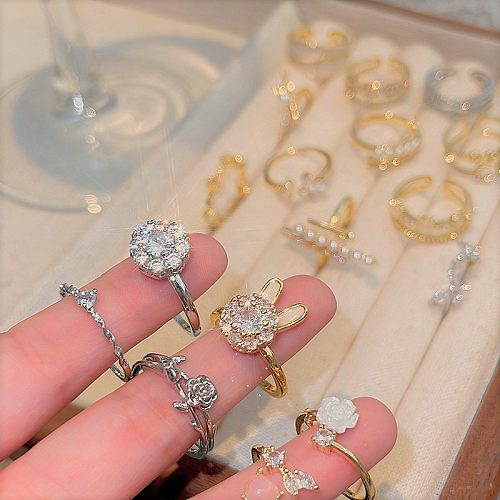 Simple Style Heart Shape Flower Bow Knot Copper Inlay Artificial Pearls Opal Zircon Rings