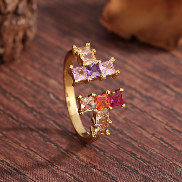 1 Piece Glam Square Copper Inlay Zircon Open Ring