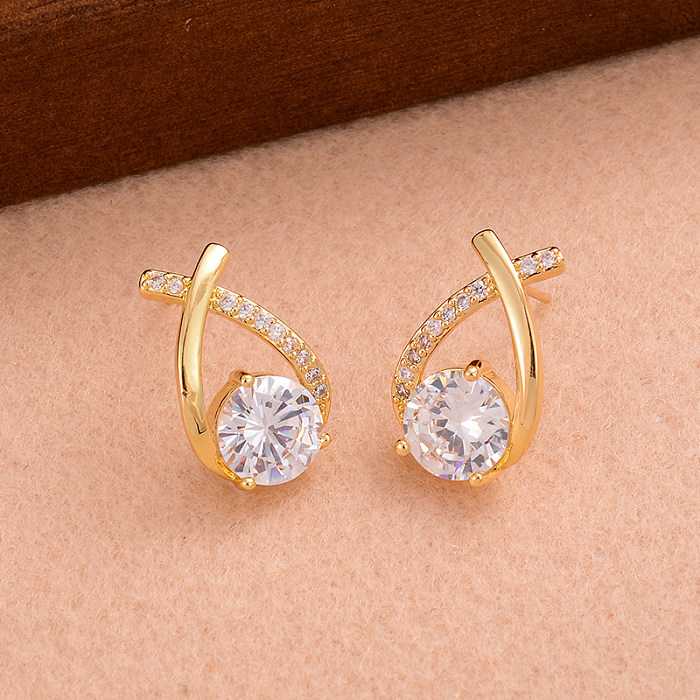 1 Pair IG Style Simple Style Cross Shape Round Plating Inlay Copper Zircon 14K Gold Plated Ear Studs