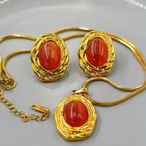 Elegante ovale Retro-Ohrring-Halskette aus Edelstahl mit Titan-Beschichtung und Inlay in Türkis