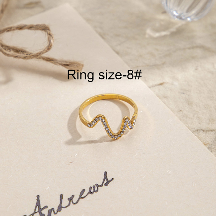 Simple Style Commute Geometric Waves Heart Shape Stainless Steel 18K Gold Plated Rhinestones Rings In Bulk