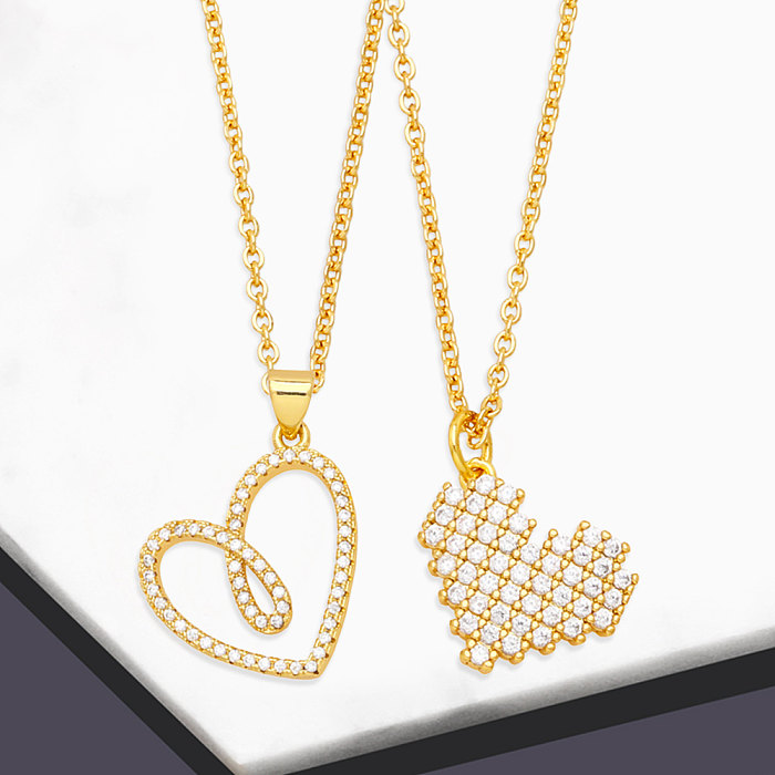 Fashion Heart Shape Copper Gold Plated Hollow Out Zircon Pendant Necklace 1 Piece