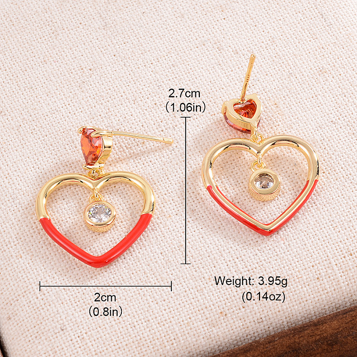 1 paire de boucles d'oreilles élégantes en forme de cœur, incrustation de cuivre et de Zircon plaqué or 14 carats