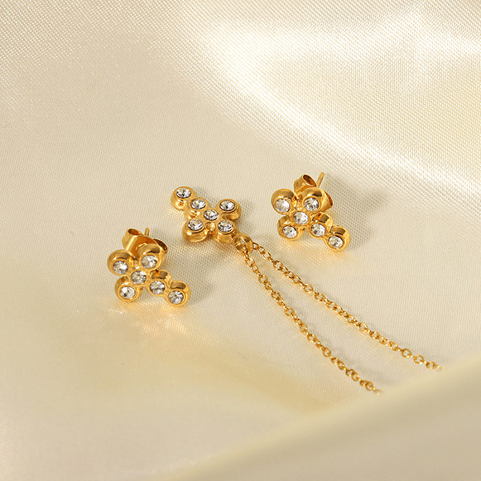 Elegant Cross Stainless Steel Plating Inlay Zircon 18K Gold Plated Earrings Necklace