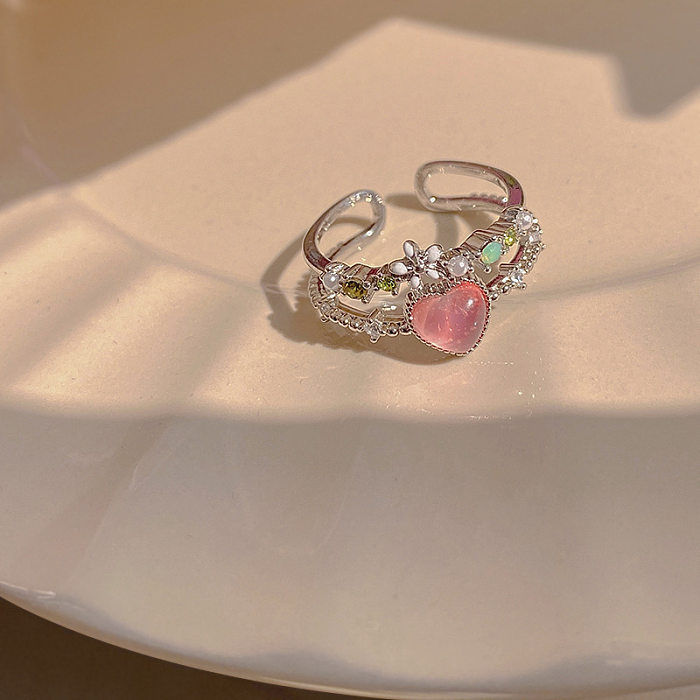 Fashion Heart Shape Flower Copper Zircon Open Ring 1 Piece