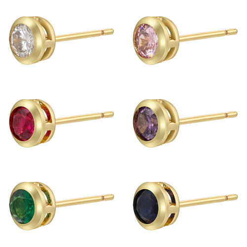 1 paire de clous d'oreilles plaqués or 18 carats, Style Simple, classique, points ronds, incrustation colorée en cuivre et Zircon