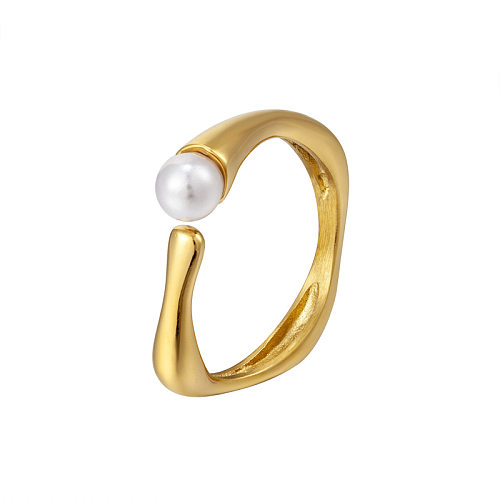 1 Piece Simple Style Solid Color Titanium Steel Plating Inlay Pearl Rings
