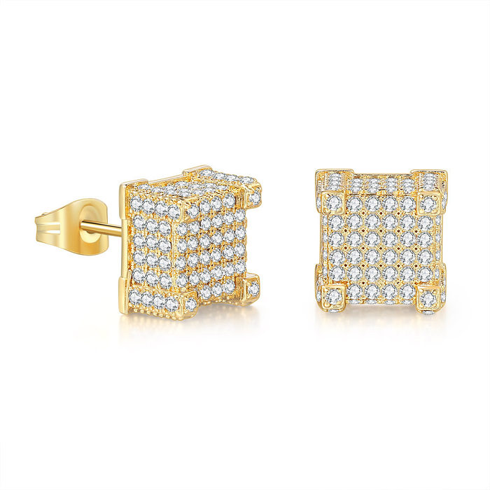 Hip-Hop Round Square Copper Inlay Zircon Ear Studs 1 Pair