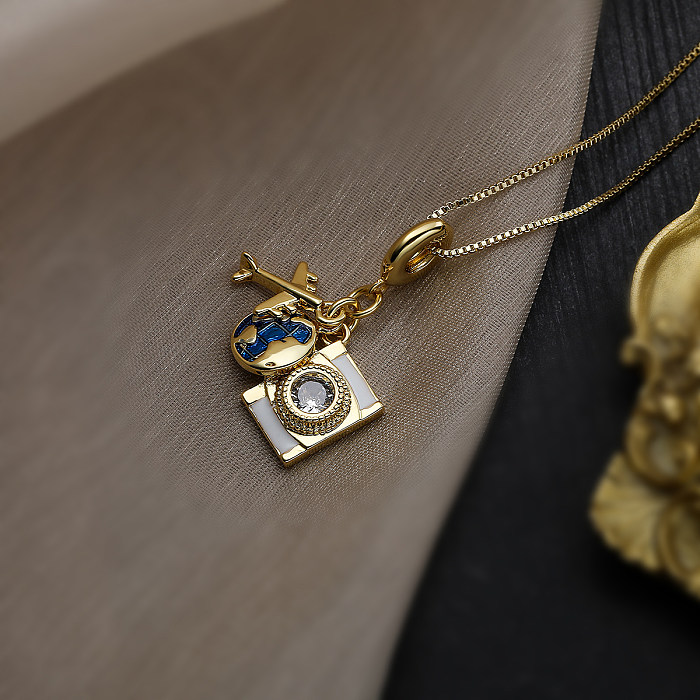 Férias streetwear terra avião cobre esmalte chapeamento inlay zircon 18k banhado a ouro pingente colar
