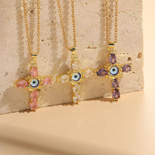 Glam Modern Style Cross Devil'S Eye Copper 14K Gold Plated Zircon Pendant Necklace In Bulk