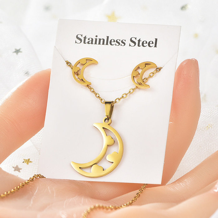 Simple Style Palm Moon Paw Print Titanium Steel Women'S Earrings Necklace 1 Set