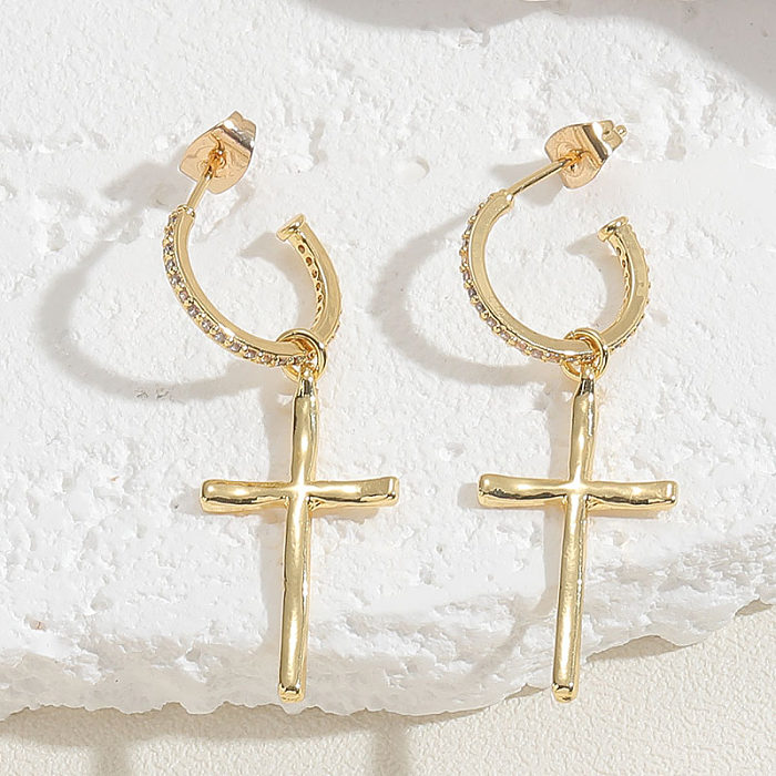 1 Pair IG Style Sweet Cross Heart Shape Plating Inlay Copper Zircon 14K Gold Plated Drop Earrings Ear Studs