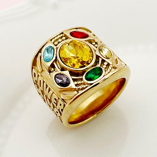 Retro Luxurious Roman Style Geometric Stainless Steel Plating Inlay Zircon Gold Plated Rings