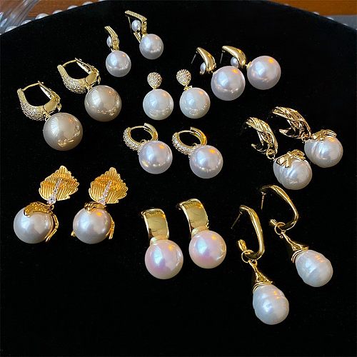 1 paire de boucles d'oreilles élégantes en placage géométrique, incrustation de cuivre, perles artificielles, strass