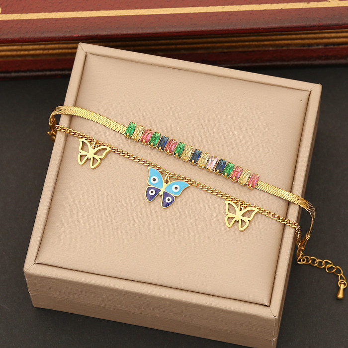 Retro Simple Style Devil'S Eye Butterfly Stainless Steel Enamel Plating Inlay Zircon Bracelets Earrings Necklace