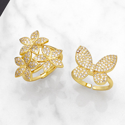 Estilo francês flor brilhante borboleta chapeamento de cobre incrustação zircão 18K anéis abertos banhados a ouro