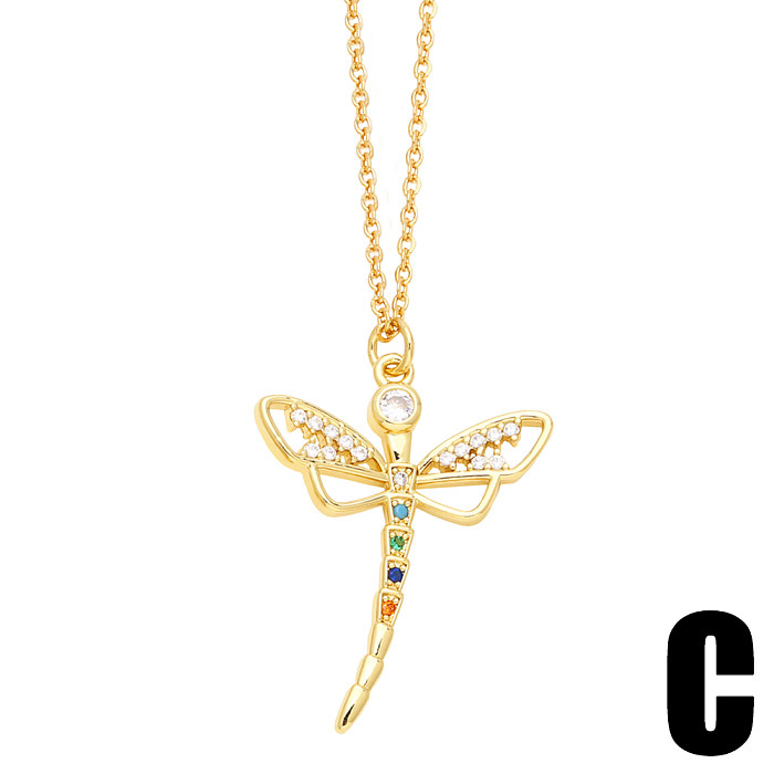 Doce estilo simples libélula borboleta revestimento de cobre incrustação zircão colar com pingente banhado a ouro 18K