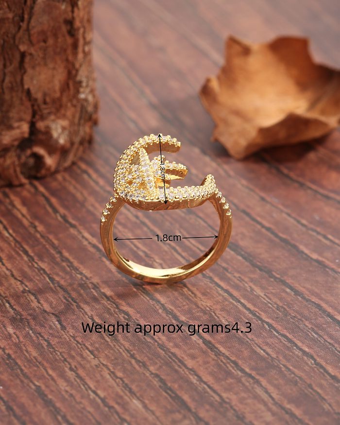 Glam Shiny Star Moon Copper Plating Inlay Zircon 18K Gold Plated Rings