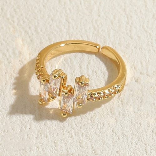 Classic Style Shiny Rectangle Copper Plating Inlay Zircon 14K Gold Plated Open Rings