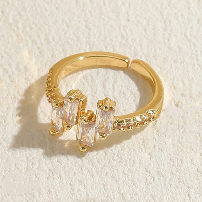 Offene Ringe im klassischen Stil mit glänzendem, rechteckigem Kupferüberzug und Zirkoneinlage, 14 Karat vergoldet