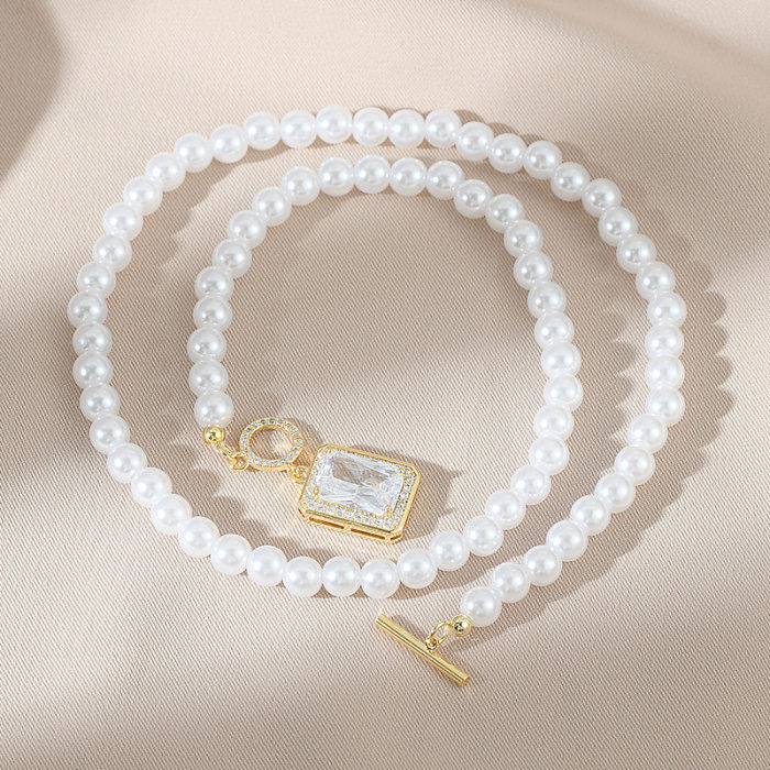 Modische quadratische künstliche Perle mit Kupferbeschichtung und Inlay-Zirkon-Anhänger-Halskette, 1 Stück