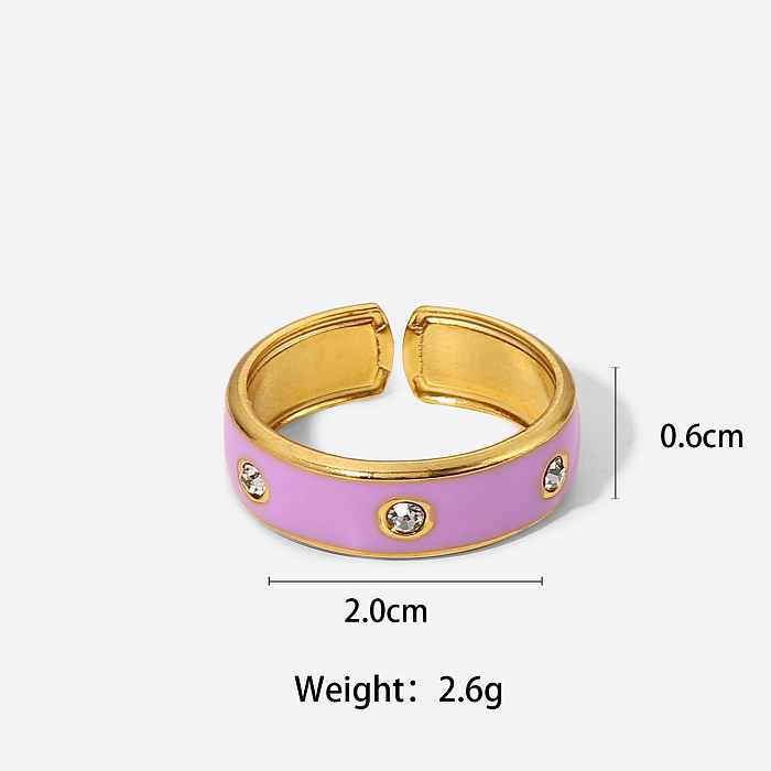 Moda não-desbotamento gotejamento aberto 18K ouro aço inoxidável incrustado zircão roxo/rosa/verde anel