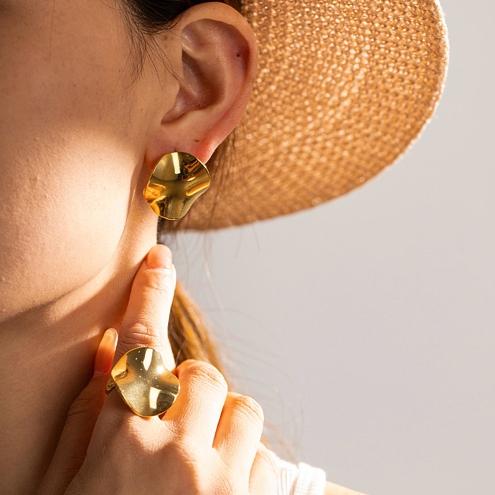 IG-Stil, einfarbig, Edelstahl-Beschichtung, plissierte 18-Karat-vergoldete Ringe-Ohrringe