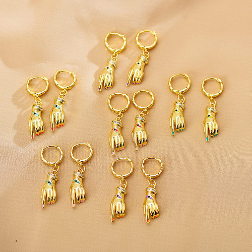 1 paire de boucles d'oreilles pendantes de Style Simple, incrustation de placage de paume en cuivre et diamant plaqué or