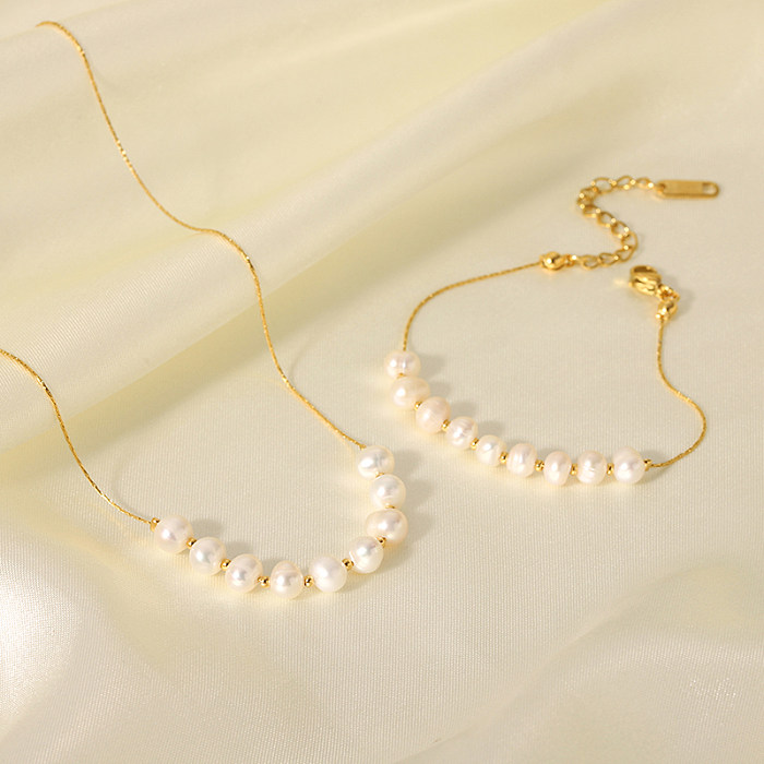 Collier de bracelets plaqués or 18 carats pour femmes, Style coréen, géométrique, en acier inoxydable, plaqué de perles d'eau douce
