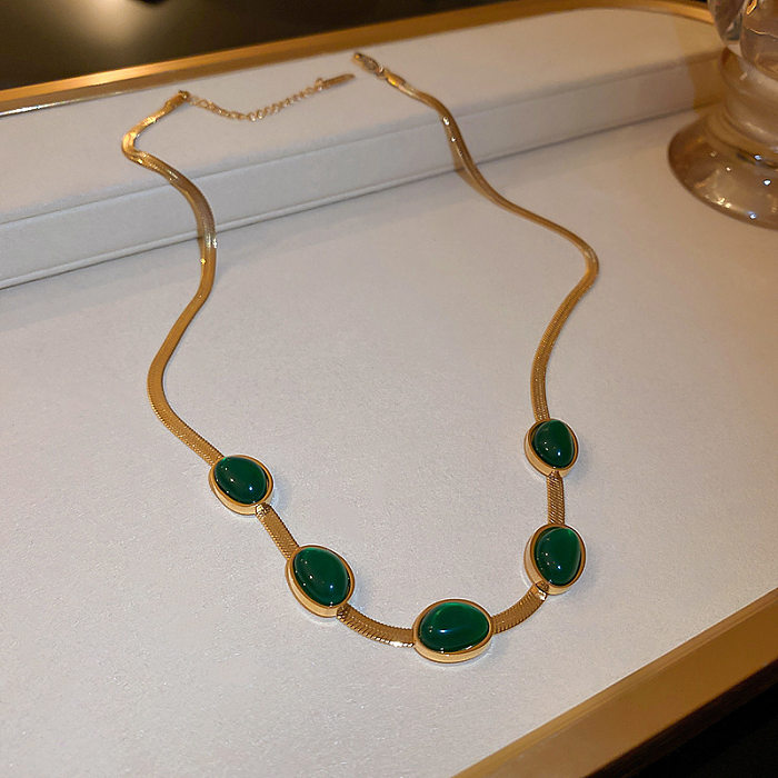 Modische ovale Titanstahl-Beschichtung, Intarsien, künstliche Edelsteine, Armbänder, Halskette, 1 Stück